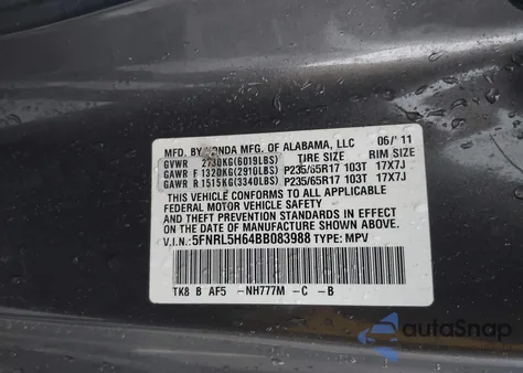 2011 Honda Odyssey Ex-L из США, поврежденный, VIN 5FNRL5H64BB083988